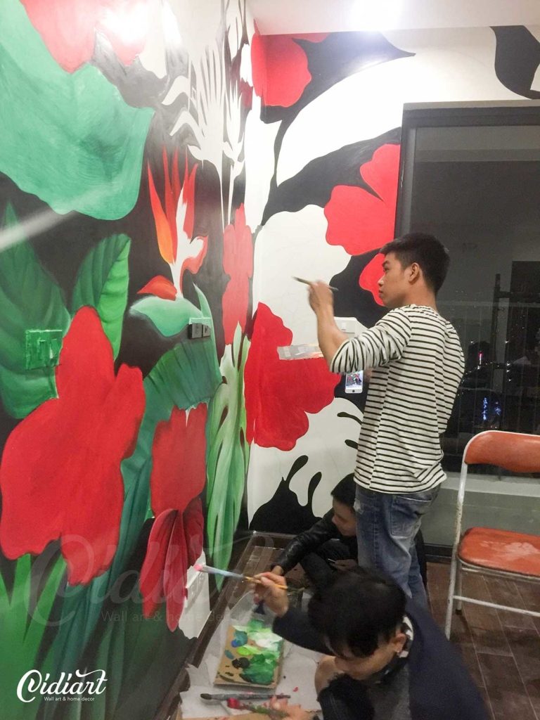 Vẽ Tranh Tường Phòng Khách – Tropical Floral