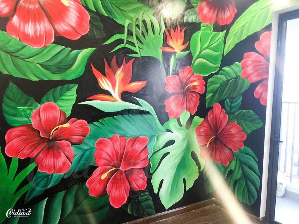 Vẽ Tranh Tường Phòng Khách – Tropical Floral