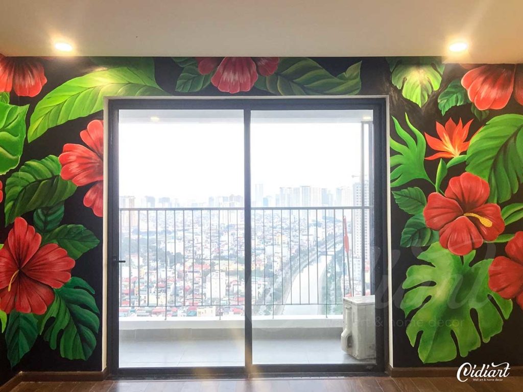 Vẽ Tranh Tường Phòng Khách – Tropical Floral