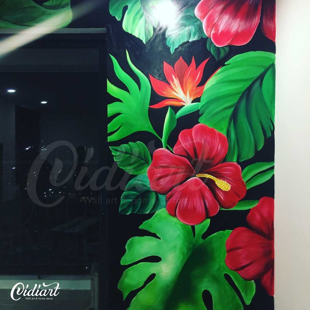 Vẽ Tranh Tường Phòng Khách – Tropical Floral