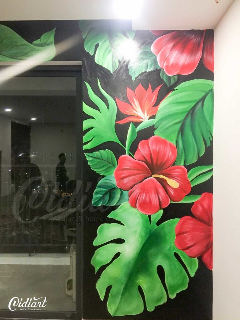 Vẽ Tranh Tường Phòng Khách – Tropical Floral
