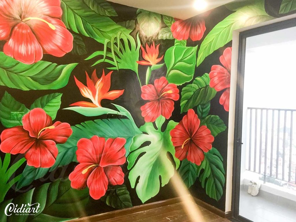 Vẽ Tranh Tường Phòng Khách – Tropical Floral