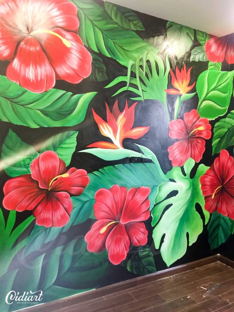 Vẽ Tranh Tường Phòng Khách – Tropical Floral