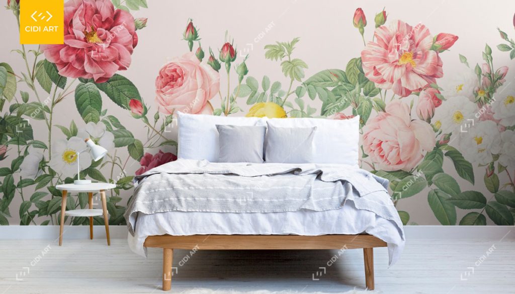 Mẫu vẽ tranh tường phòng ngủ hoa hồng