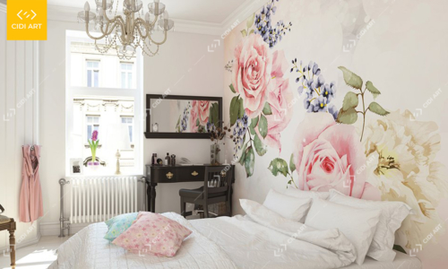 Mẫu vẽ tranh tường phòng ngủ hoa hồng
