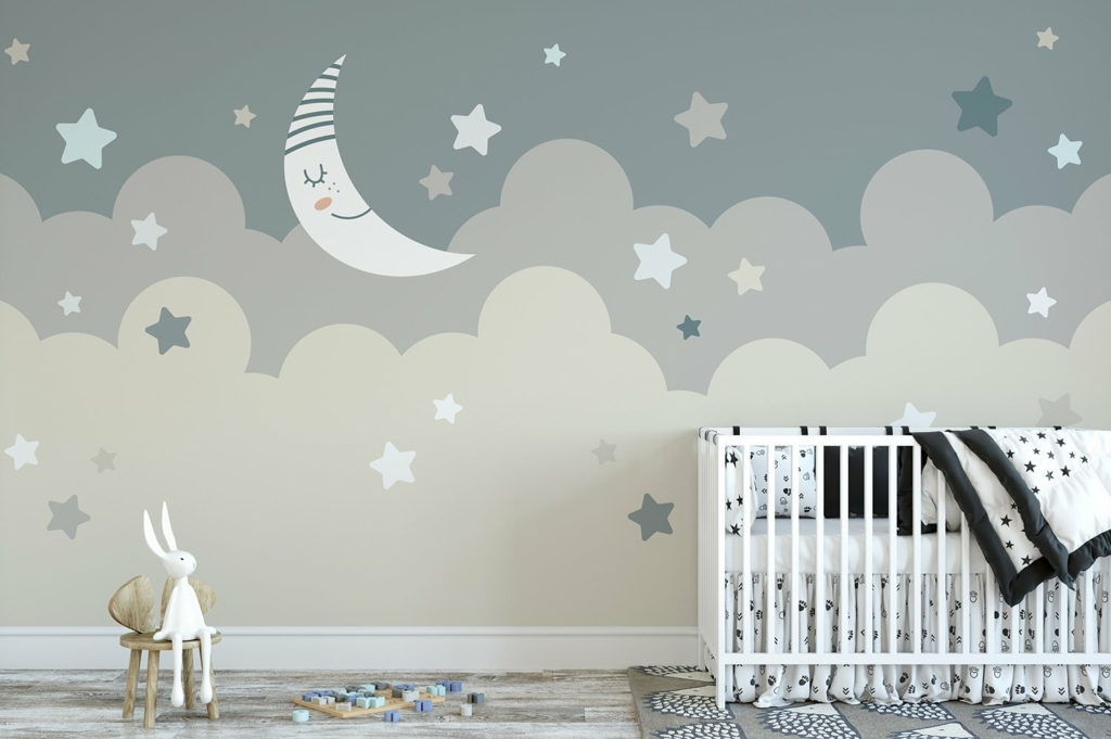 Vẽ tranh tường phòng ngủ đơn giản cho bé chủ đề bầu trời đêm