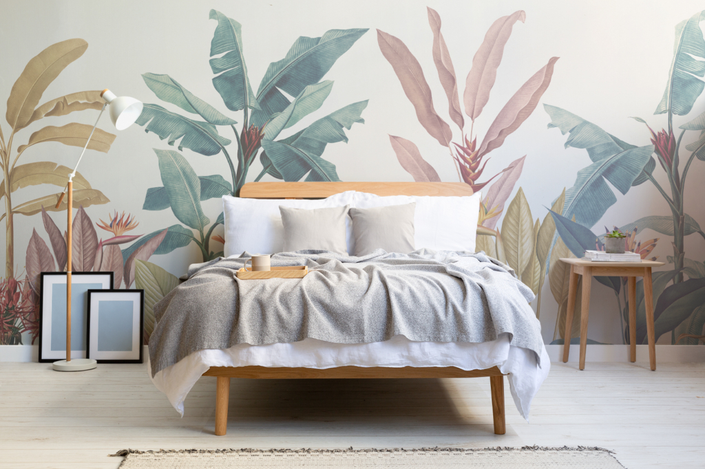 Vẽ tranh tường phòng ngủ đơn giản với mẫu tranh tropical lá nhiệt đới tả thực