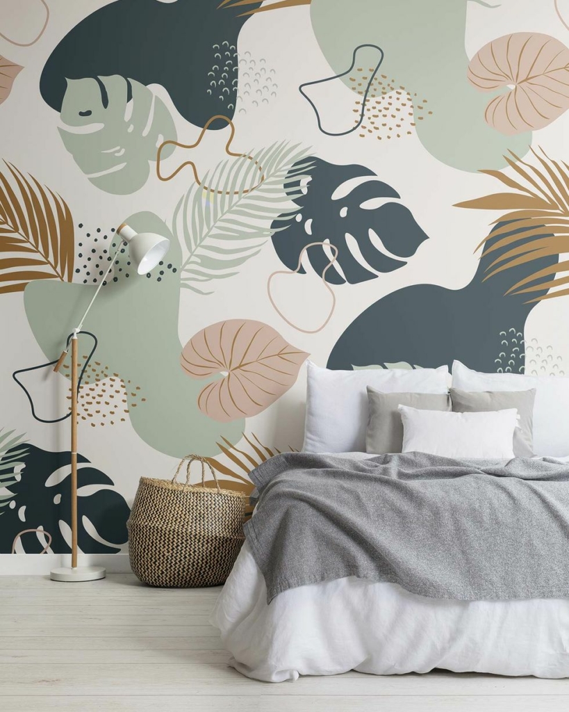 Vẽ tranh tường phòng ngủ đơn giản với mẫu tranh tropical lá nhiệt đới mẫu đồ hoạ