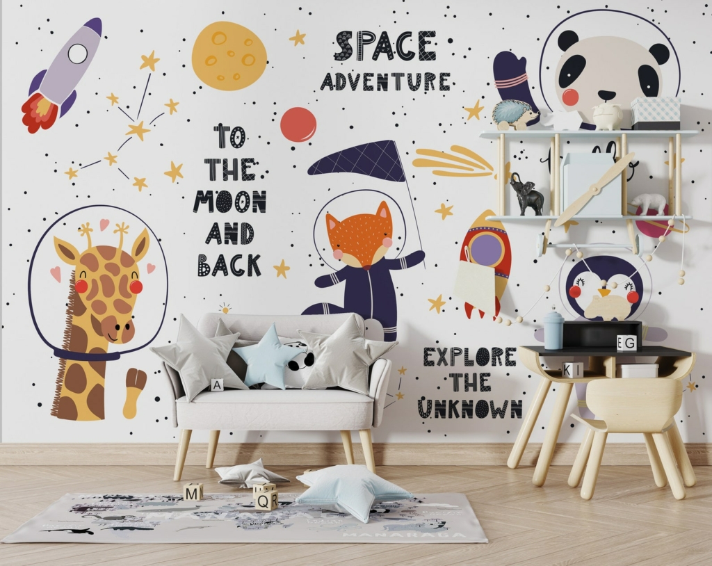 Vẽ tranh tường phòng ngủ cute với không gian vũ trụ độc đáo