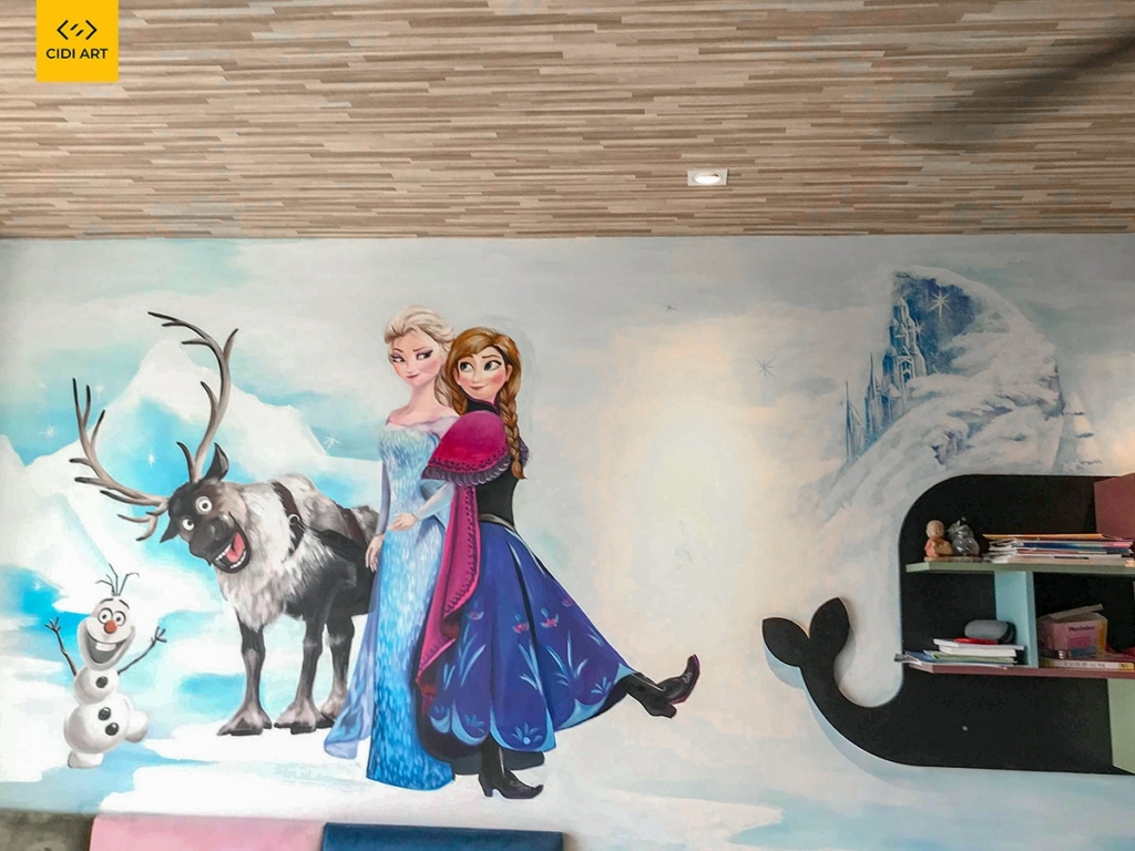 Vẽ tranh giành tường phòng nghỉ dễ thương chủ thể công chúa Elsa