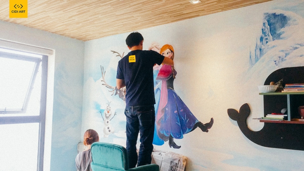 Vẽ tranh giành tường phòng nghỉ dễ thương chủ thể công chúa Elsa