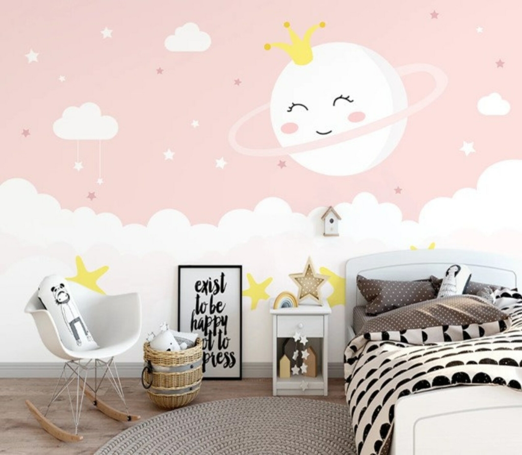 Vẽ tranh giành tường phòng nghỉ dễ thương với mây và mặt mày trăng tone màu sắc hồng dễ dàng thương